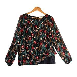 Floral Blouse Black Multi Color Nine West S Long Sheer Sleeve Lined Body Career